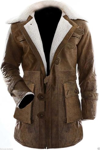 SpazeUp Mens Shearling Coat Brown Leather Trench Coat Faux Leather Tactical Vest Jacket Halloween Cosplay Costume in Saudi Arabia