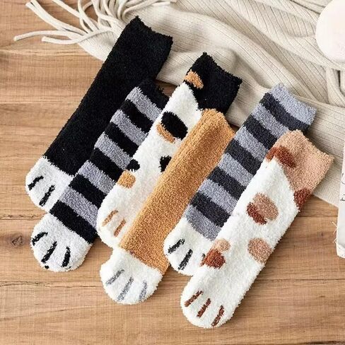 6 Pairs Women's Fuzzy Socks Cute Cat Paw Pattern,Thickened Warm Coral Fleece Cozy Home Sleep Socks for Autumn Winter in Saudi Arabia