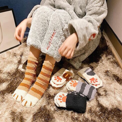 6 Pairs Women's Fuzzy Socks Cute Cat Paw Pattern,Thickened Warm Coral Fleece Cozy Home Sleep Socks for Autumn Winter in Saudi Arabia