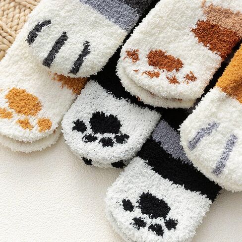 6 Pairs Women's Fuzzy Socks Cute Cat Paw Pattern,Thickened Warm Coral Fleece Cozy Home Sleep Socks for Autumn Winter in Saudi Arabia