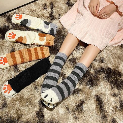 6 Pairs Women's Fuzzy Socks Cute Cat Paw Pattern,Thickened Warm Coral Fleece Cozy Home Sleep Socks for Autumn Winter in Saudi Arabia