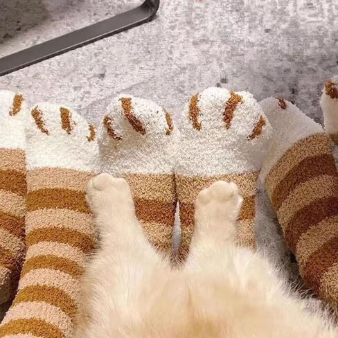 6 Pairs Women's Fuzzy Socks Cute Cat Paw Pattern,Thickened Warm Coral Fleece Cozy Home Sleep Socks for Autumn Winter in Saudi Arabia