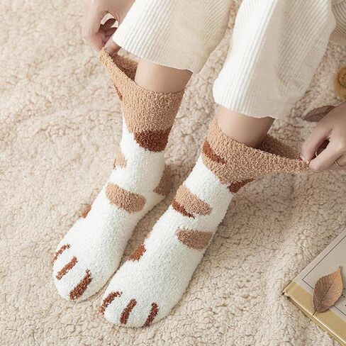 6 Pairs Women's Fuzzy Socks Cute Cat Paw Pattern,Thickened Warm Coral Fleece Cozy Home Sleep Socks for Autumn Winter in Saudi Arabia