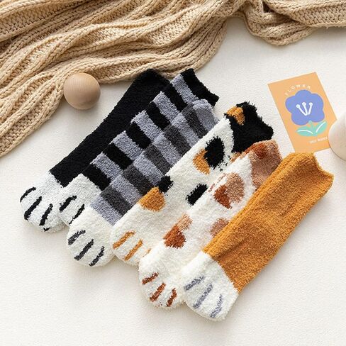 6 Pairs Women's Fuzzy Socks Cute Cat Paw Pattern,Thickened Warm Coral Fleece Cozy Home Sleep Socks for Autumn Winter in Saudi Arabia
