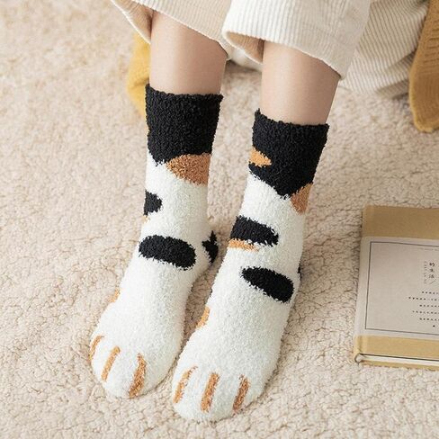 6 Pairs Women's Fuzzy Socks Cute Cat Paw Pattern,Thickened Warm Coral Fleece Cozy Home Sleep Socks for Autumn Winter in Saudi Arabia