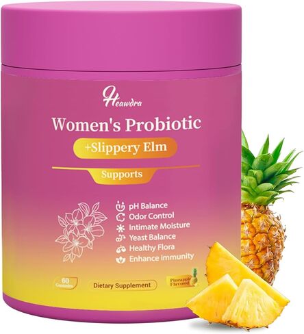 Her Juicy Women's Probiotic Gummies: Supports Women’s Wellness & pH Balance, Clean Vegan, Pineapple Flavor, Prebiotics & Lactobacillus Blend, with Slippery Elm, Gut Health & Immune Defense, 60 Gummies in Saudi Arabia