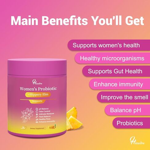 Her Juicy Women's Probiotic Gummies: Supports Women’s Wellness & pH Balance, Clean Vegan, Pineapple Flavor, Prebiotics & Lactobacillus Blend, with Slippery Elm, Gut Health & Immune Defense, 60 Gummies in Saudi Arabia