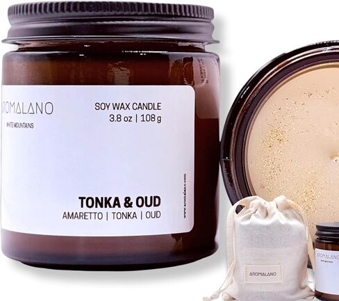 Scented Soy Candle, Hand-Poured in The White Mountains, Amber Glass Jar with Cotton Bag, 3.8 oz (Tonka & Oud) in Saudi Arabia