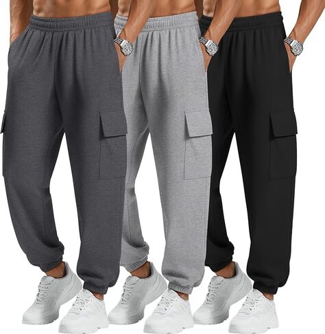 3 Pack Men's Cargo Sweatpants Baggy Joggers Casual Drawstring Pants Lightweight Workout Tapered with Pockets in Saudi Arabia