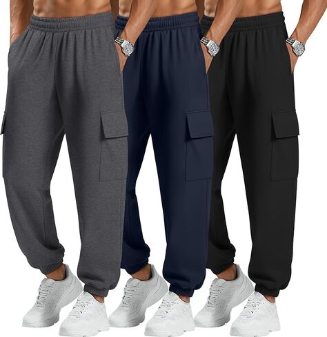 3 Pack Men's Cargo Sweatpants Baggy Joggers Casual Drawstring Pants Lightweight Workout Tapered with Pockets in Saudi Arabia