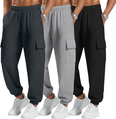 3 Pack Men's Cargo Sweatpants Baggy Joggers Casual Drawstring Pants Lightweight Workout Tapered with Pockets in Saudi Arabia