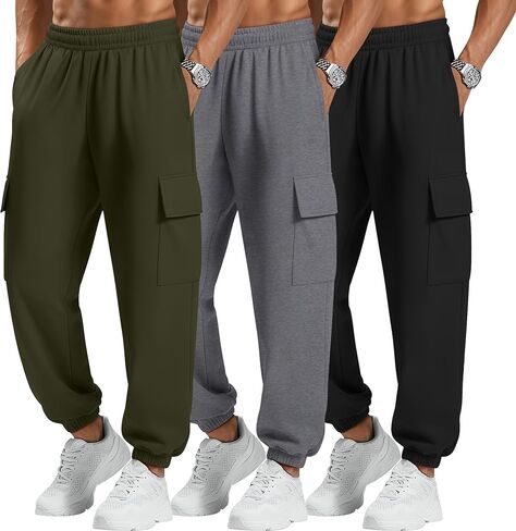 3 Pack Men's Cargo Sweatpants Baggy Joggers Casual Drawstring Pants Lightweight Workout Tapered with Pockets in Saudi Arabia