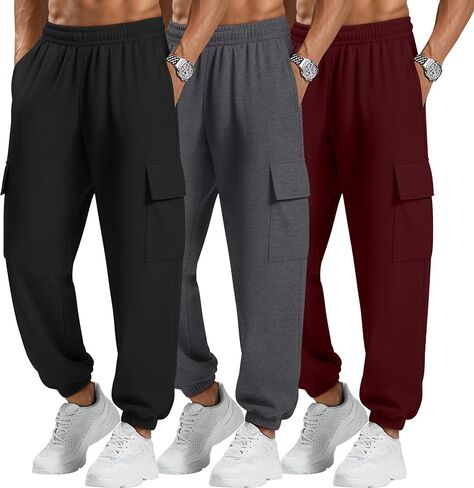 3 Pack Men's Cargo Sweatpants Baggy Joggers Casual Drawstring Pants Lightweight Workout Tapered with Pockets in Saudi Arabia