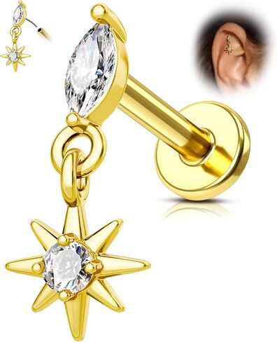 The Astral Mandala G23 Solid Titanium Flat Back Earrings 16G Gold Plated Push in Cartilage Helix Piercing Jewelry 6/8MM in Saudi Arabia