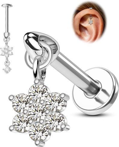 cocharm 16g زهرة الغضروف القرط العمودي الحلزون ثقب المجوهرات، شقة الظهر ثقب مسمار للغضروف، تصميم استرخى، الذهب والفضة لهجة الفص اللولب القرط مسمار in Saudi Arabia