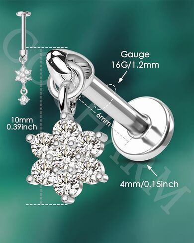 cocharm 16g زهرة الغضروف القرط العمودي الحلزون ثقب المجوهرات، شقة الظهر ثقب مسمار للغضروف، تصميم استرخى، الذهب والفضة لهجة الفص اللولب القرط مسمار in Kuwait