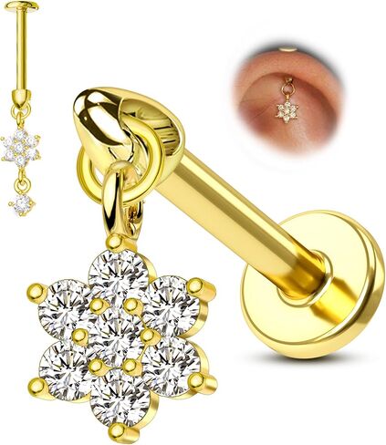 cocharm 16g زهرة الغضروف القرط العمودي الحلزون ثقب المجوهرات، شقة الظهر ثقب مسمار للغضروف، تصميم استرخى، الذهب والفضة لهجة الفص اللولب القرط مسمار in Kuwait