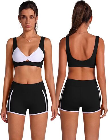 ABOCIW Womens Workout Sets Contrast Trims Twist Front Sports Bra High Waist Mini Shorts with Pockets Pilates Outfits in Saudi Arabia