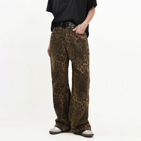 Women's Wide Leg Jeans Tan Leopard Straight Jeans Cheetah Print Pants Mid Waist Denim Pants Microelastic Trousers for Men (Small) in Saudi Arabia
