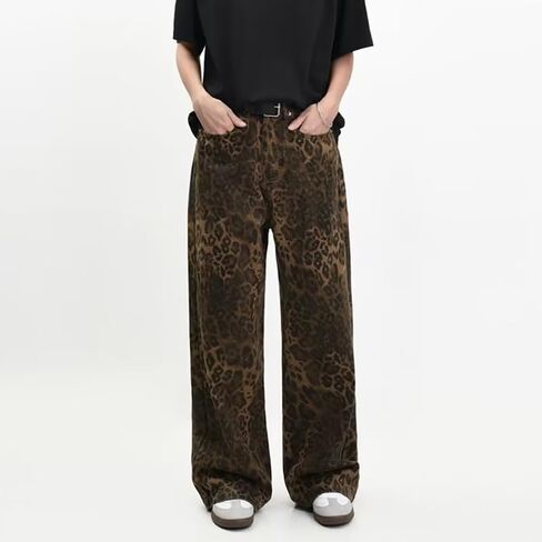 Women's Wide Leg Jeans Tan Leopard Straight Jeans Cheetah Print Pants Mid Waist Denim Pants Microelastic Trousers for Men (Small) in Saudi Arabia