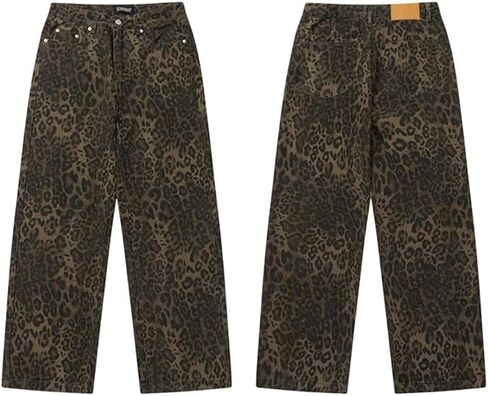 Women's Wide Leg Jeans Tan Leopard Straight Jeans Cheetah Print Pants Mid Waist Denim Pants Microelastic Trousers for Men (Small) in Saudi Arabia