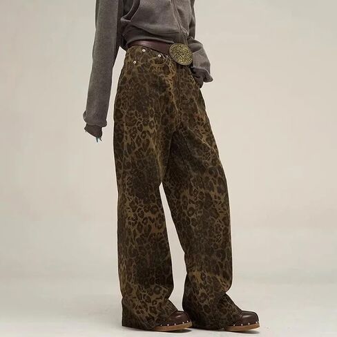 Women's Wide Leg Jeans Tan Leopard Straight Jeans Cheetah Print Pants Mid Waist Denim Pants Microelastic Trousers for Men (Small) in Saudi Arabia