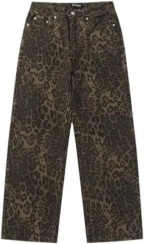 Women's Wide Leg Jeans Tan Leopard Straight Jeans Cheetah Print Pants Mid Waist Denim Pants Microelastic Trousers for Men (Small) in Saudi Arabia