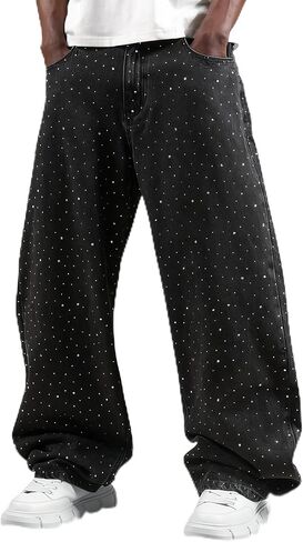 Men's Rhinestone Jeans Baggy Y2K Loose Fit Wide Leg Sparkly Bling Glitter Denim Pants for Streetwear in Saudi Arabia
