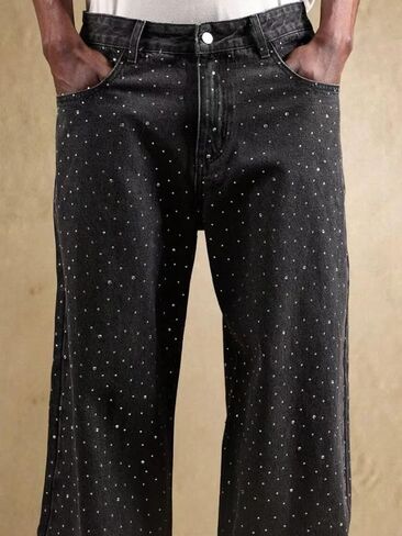 Men's Rhinestone Jeans Baggy Y2K Loose Fit Wide Leg Sparkly Bling Glitter Denim Pants for Streetwear in Saudi Arabia