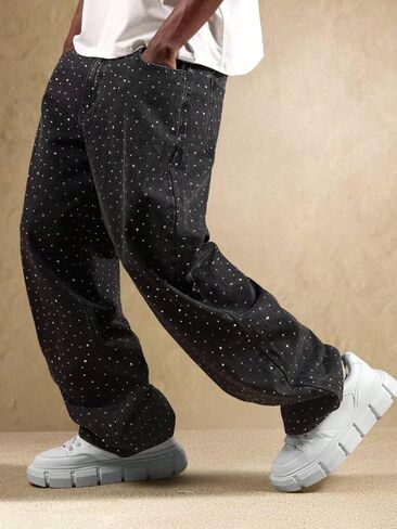 Men's Rhinestone Jeans Baggy Y2K Loose Fit Wide Leg Sparkly Bling Glitter Denim Pants for Streetwear in Saudi Arabia