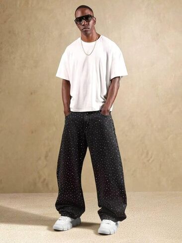 Men's Rhinestone Jeans Baggy Y2K Loose Fit Wide Leg Sparkly Bling Glitter Denim Pants for Streetwear in Saudi Arabia