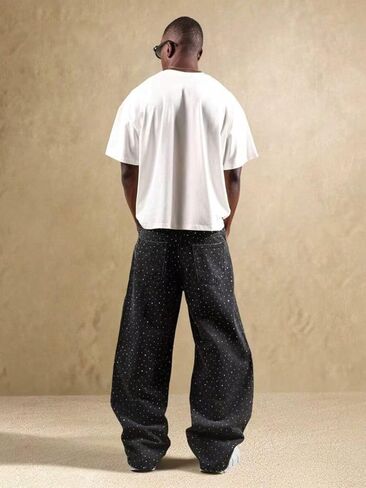 Men's Rhinestone Jeans Baggy Y2K Loose Fit Wide Leg Sparkly Bling Glitter Denim Pants for Streetwear in Saudi Arabia