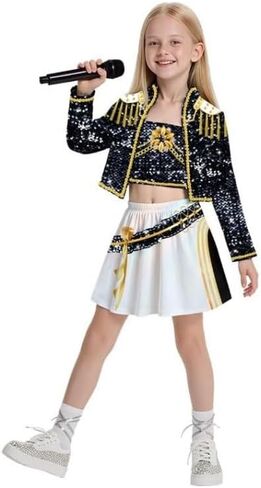 SAVITO Popular Singer Performance Outfits, Black Golden Printed Clothing Suitable for Kids Aged 3-12, Christmas Gift in Saudi Arabia