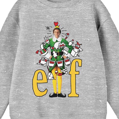 Bioworld Elf Doodle on Buddy With Title Logo Youth Heather Gray Crew Neck Sweatshirt in Saudi Arabia