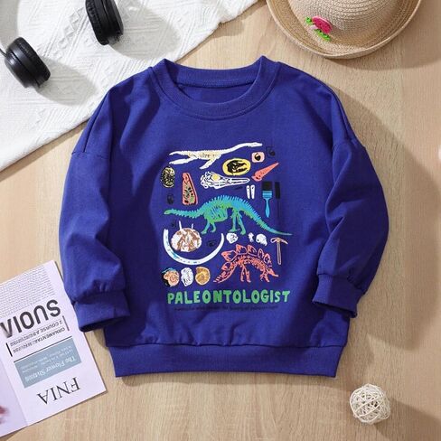 Boys' Paleontologist Dinosaur Graphic Sweatshirt, Long Sleeve Crewneck Pullover with Science Theme Print for 3-8 Years in Saudi Arabia