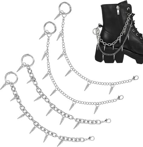 4 Pcs Punk Boot Chains, Rivet Cone Spike Boot Charms, Silver Metal Shoe Chains Shoe Charms Decorations with Detachable Clasps for Booties Sandals Sneakers in Saudi Arabia