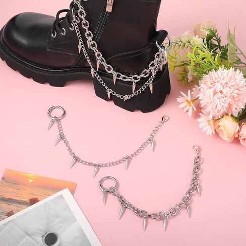 4 Pcs Punk Boot Chains, Rivet Cone Spike Boot Charms, Silver Metal Shoe Chains Shoe Charms Decorations with Detachable Clasps for Booties Sandals Sneakers in Saudi Arabia