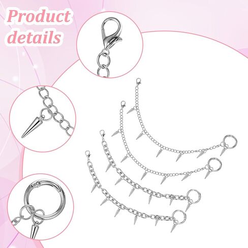 4 Pcs Punk Boot Chains, Rivet Cone Spike Boot Charms, Silver Metal Shoe Chains Shoe Charms Decorations with Detachable Clasps for Booties Sandals Sneakers in Saudi Arabia