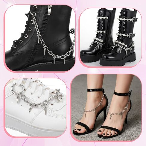 4 Pcs Punk Boot Chains, Rivet Cone Spike Boot Charms, Silver Metal Shoe Chains Shoe Charms Decorations with Detachable Clasps for Booties Sandals Sneakers in Saudi Arabia