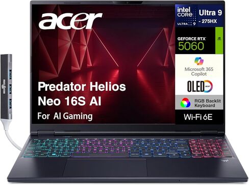 acer Predator Helios Neo Gaming Laptop 16.0" 165Hz IPS WUXGA Display (Intel i9-14900HX, GeForce RTX 4060 8GB, 32GB DDR5, 2TB SSD, RGB KB, Copilot, 2 TB 4, Win11P) w/DKZ USB Port Expander in Saudi Arabia