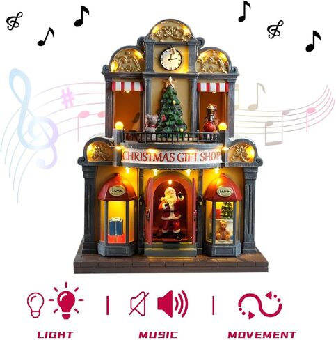 12" Animated Christmas Village House with LED Lights & Music - Spinning Train, Dynamically Moving Santa, Handpainted Resin Shop for Indoor Home Tabletop Decor in Saudi Arabia