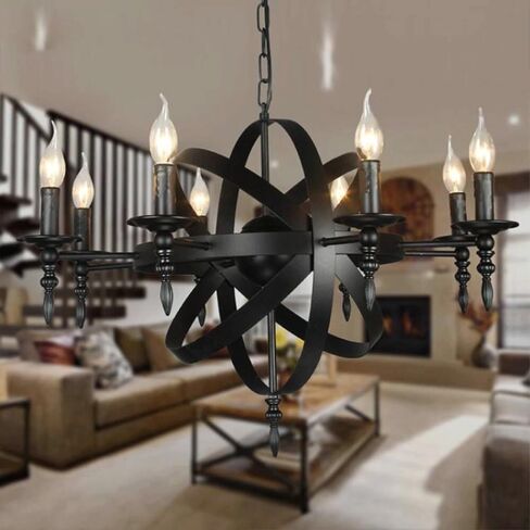 LNPTAL المزرعة الصناعية 8-Light Orb الثريا، خمر ماتي الأسود الحديد المطاوع الشمعدانات قلادة لاعبا أساسيا لغرفة الطعام، غرفة المعيشة، البهو، جزيرة المطبخ in Kuwait