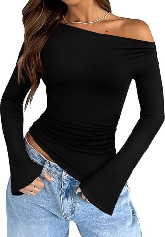 REORIA Women’s Sexy Boat Neck Off Shoulder Tops Long Sleeve Asymmetrical Hem Ruched Slim Fit Shirts Going Out Y2k Fall Blouse in Saudi Arabia