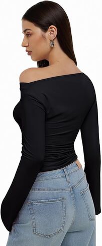 REORIA Women’s Sexy Boat Neck Off Shoulder Tops Long Sleeve Asymmetrical Hem Ruched Slim Fit Shirts Going Out Y2k Fall Blouse in Saudi Arabia