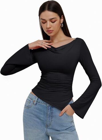 REORIA Women’s Sexy Boat Neck Off Shoulder Tops Long Sleeve Asymmetrical Hem Ruched Slim Fit Shirts Going Out Y2k Fall Blouse in Saudi Arabia