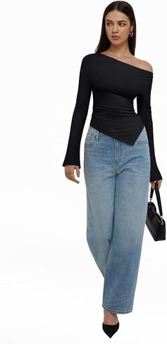REORIA Women’s Sexy Boat Neck Off Shoulder Tops Long Sleeve Asymmetrical Hem Ruched Slim Fit Shirts Going Out Y2k Fall Blouse in Saudi Arabia