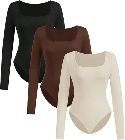 GORGLITTER Women's 3 Piece Sets Long Sleeve Bodysuit Square Neck Tummy Control Leotard Tops in Saudi Arabia