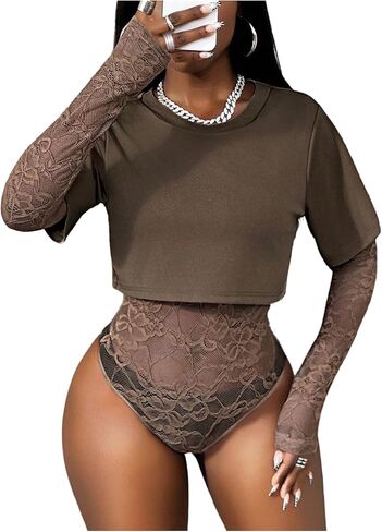 MakeMeChic Women's Floral Lace Tee Bodysuit Long Sleeve Crew Neck Sheer Leotard Tee Tops in Saudi Arabia
