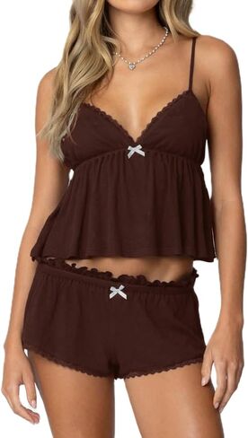 XBTCLXEBCO LACE PAJAMA مجموعات للنساء 2 قطعة مثيرة أكمام كامي TANK TOP و Shorts pj set Y2K مطابقة ملابس النوم in Saudi Arabia