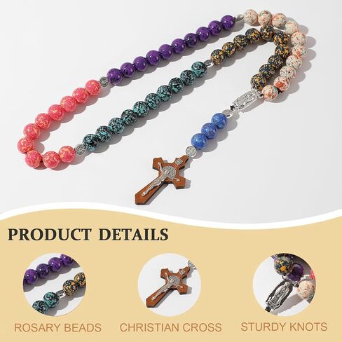 مسبحة كاثوليكية من الخرز المطلي يدويًا - خرز لامع غير مشوه مع St. ميدالية وصليب بنديكت، هدية المناولة الأولى، ديكور مرآة السيارة، خرز الصلاة المسيحية، هدية كاثوليكية ومسيحية in Kuwait